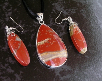 Red River Jasper Teardrop Pendant Necklace on Black Satin Cord with Red River Jasper Wire Wrapped Earrings - Three Piece Set