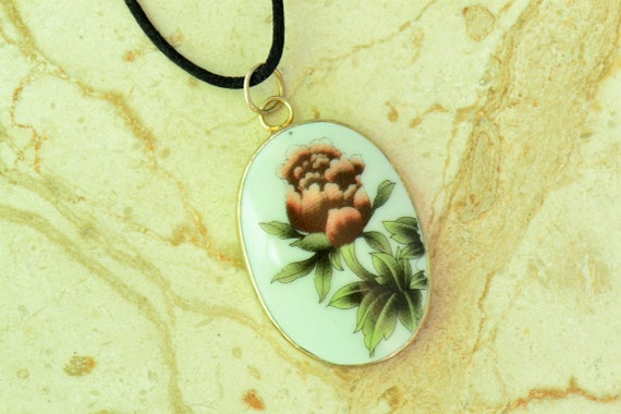 Vintage Flower Pottery Shard Pendant on Black Satin Cord Il_570xn