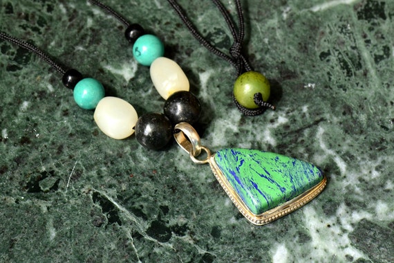Azurite Triangle Free Form Pendant Choker Necklace with Antique Jade and Vintage Turquoise Beads Il_570xn