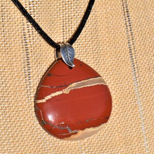 Red River Jasper Teardrop Pendant Necklace with Sterling Silver Double Leaf Bail on Black Satin Cord image 8