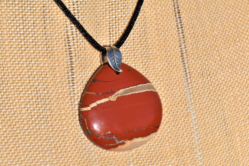 Red River Jasper Teardrop Pendant Necklace with Sterling Silver Double Leaf Bail on Black Satin Cord image 8