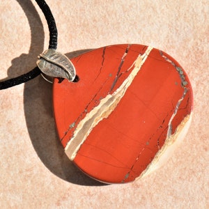 Red River Jasper Teardrop Pendant Necklace with Sterling Silver Double Leaf Bail on Black Satin Cord image 5