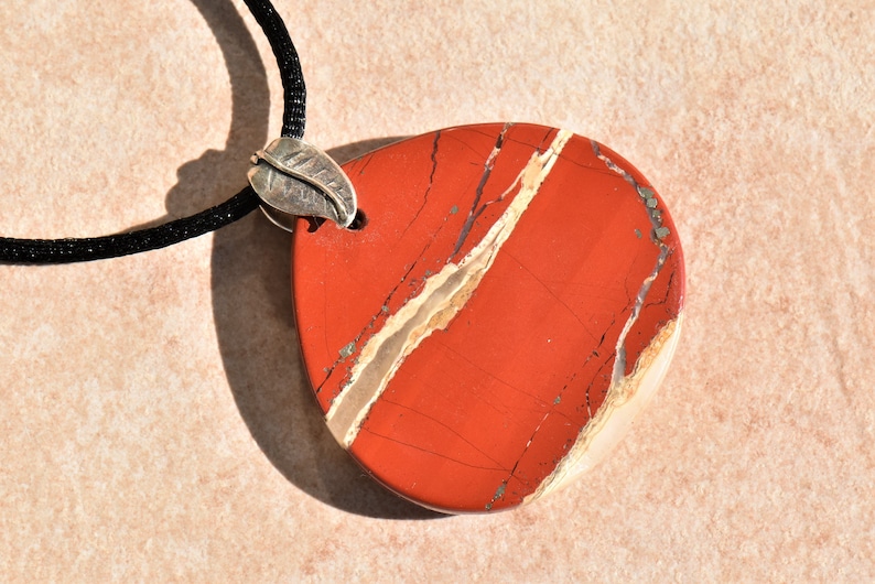 Red River Jasper Teardrop Pendant Necklace with Sterling Silver Double Leaf Bail on Black Satin Cord image 5
