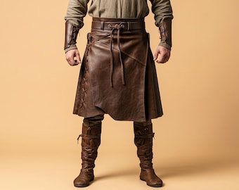 Kilt medievale in pelle marrone per uomo / Gonna per costume da guerriero vichingo / Abito rinascimentale fatto a mano / Kilt multiuso per cosplay LARP personalizzato