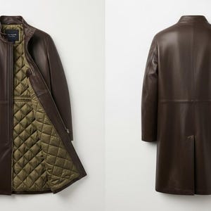 May include: A brown leather coat with a zip-up front and a quilted olive green lining. The coat is shown from the front with the zipper partially open, and from the back. The coat has a classic, tailored design.