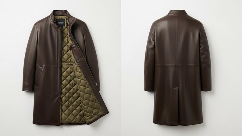 May include: A brown leather coat with a zip-up front and a quilted olive green lining. The coat is shown from the front with the zipper partially open, and from the back. The coat has a classic, tailored design.