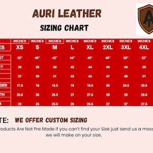 May include: AURI LEATHER sizing chart with measurements in inches. The chart includes sizes XS to 5XL, detailing chest, waist, hip, shoulder, length, and arm measurements. A logo is in the upper right corner. Note: Custom sizing is offered.