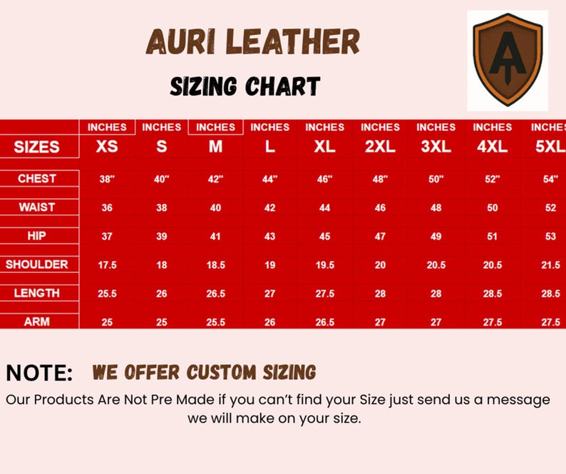 May include: AURI LEATHER sizing chart with measurements in inches. The chart includes sizes XS to 5XL, detailing chest, waist, hip, shoulder, length, and arm measurements. A logo is in the upper right corner. Note: Custom sizing is offered.