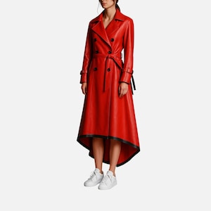 Handgefertigter roter Leder Trenchcoat für Frauen High Low Gothic Lange Jacke mit schwarzer Zierleiste Statement Oberbekleidung Mode, Ästhetischer Cosplay Mantel