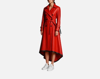 Handgefertigter roter Leder Trenchcoat für Frauen High Low Gothic Lange Jacke mit schwarzer Zierleiste Statement Oberbekleidung Mode, Ästhetischer Cosplay Mantel