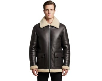 Giacca da aviatore in montone da uomo / Cappotto bomber in pelle di pecora marrone / Giacca invernale in pelle con collo di pelliccia / Giacca da aviatore B3 personalizzata fatta a mano