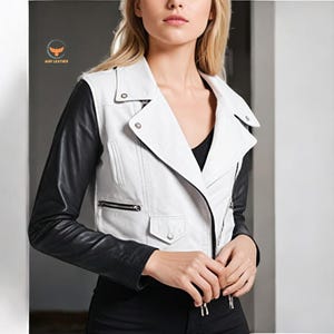 Women’s White and Black Leather Biker Jacket Two-Tone Moto Zip Coat for Streetwear & Modern Outerwear Style