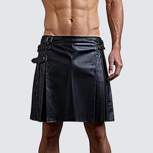 Men’s Black Leather Kilt Handmade Pleated Festival Skirt with Side Buckles  Gothic, Punk & Club wear Outfit for Men