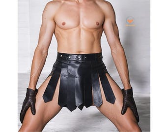 Men’s Gladiator Handmade Leather Skirt Fetish Roman Warrior Loincloth Kilt for LARP, Cosplay, & Fantasy Play Front Double Buckle