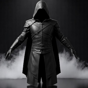 Black Leather Assassin Cloak And Armor Set | Hooded Fantasy Warrior Costume for Men | Gothic Cosplay Cape Armor | Stealth LARP Outfit