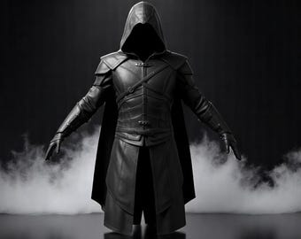 Black Leather Assassin Cloak And Armor Set | Hooded Fantasy Warrior Costume for Men | Gothic Cosplay Cape Armor | Stealth LARP Outfit