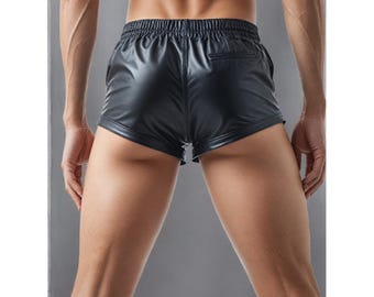 Könnte beinhalten: Schwarze Leder-Shorts mit Kordelzugbund und Reißverschluss-Tasche hinten.
