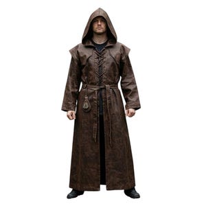 Wizard Monk Druid Cosplay Outfit for Men | Medieval Brown Leather Hooded Robe | Long Cloak with Belt | Renaissance Fair Costume