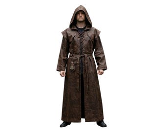 Wizard Monk Druid Cosplay Outfit for Men | Medieval Brown Leather Hooded Robe | Long Cloak with Belt | Renaissance Fair Costume