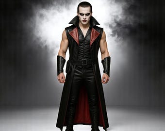 Ärmelloser Cosplay-Mantel-Vampir-Stil LARP Krieger-Outfit mit rotem Futter-Gothic Schwarz Leder Trenchcoat Kostüm