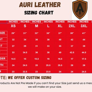 May include: A red sizing chart for leather jackets with measurements in inches. The chart shows sizes XS to 4XL for body size, chest, waist, hip, shoulder, length, and arm.