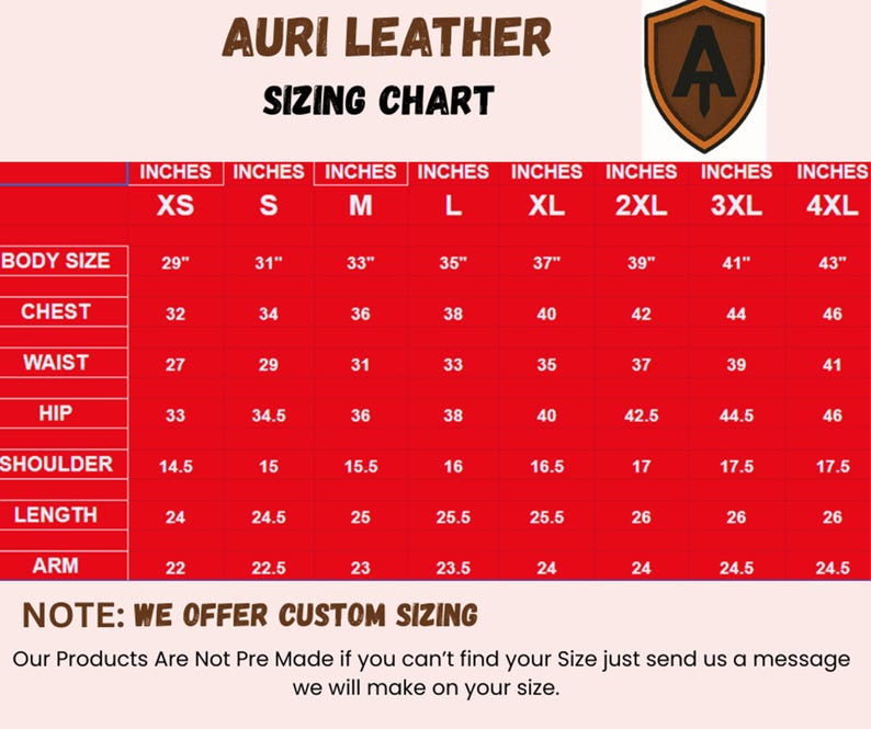 May include: A red sizing chart for leather jackets with measurements in inches. The chart shows sizes XS to 4XL for body size, chest, waist, hip, shoulder, length, and arm.