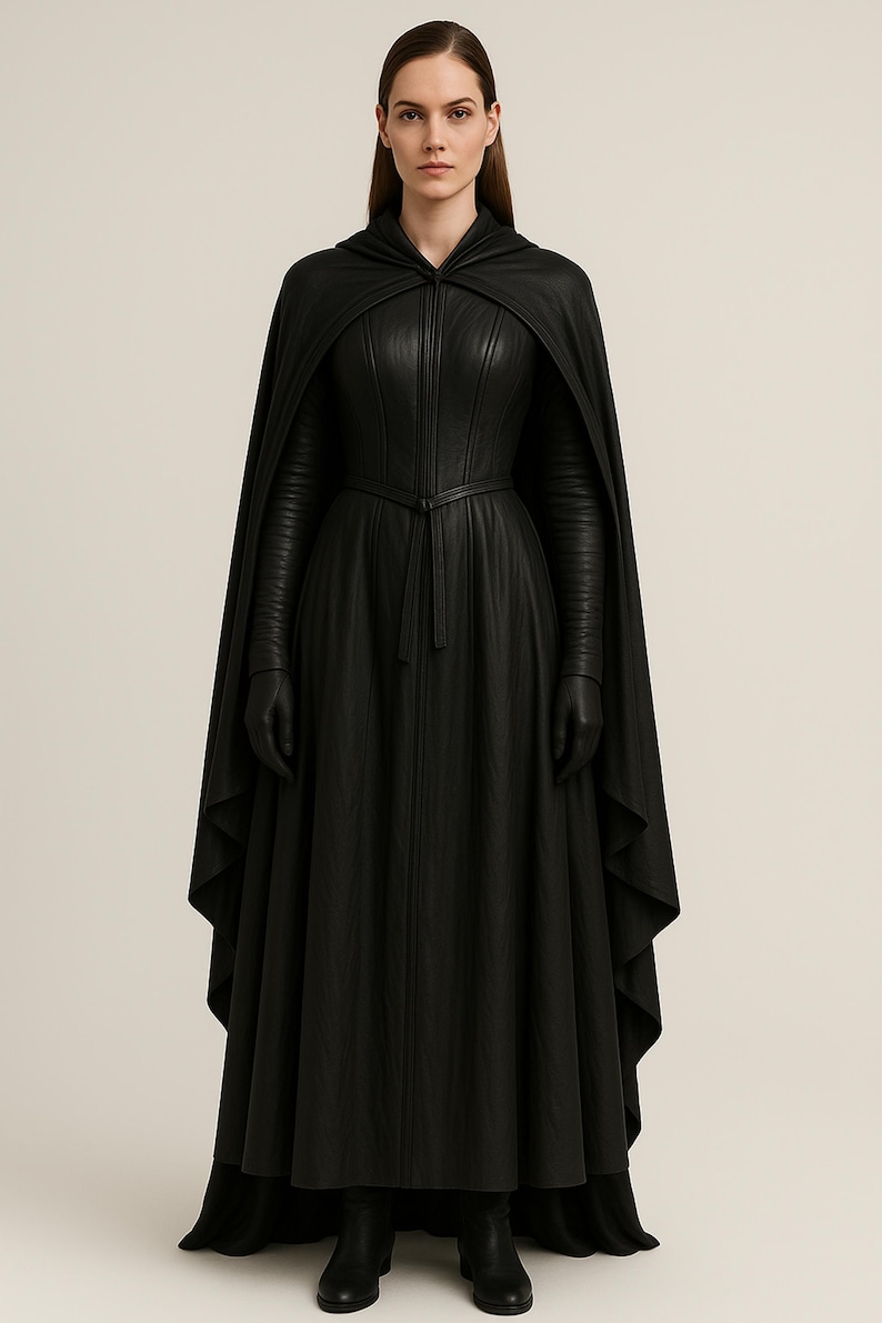 Witch Leather Cloak & Dress – Full Length Hooded Cape Robe – Dark ...
