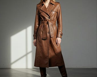 Brown Leather Trench Coat | Vintage Sheepskin Maxi Belted Jacket