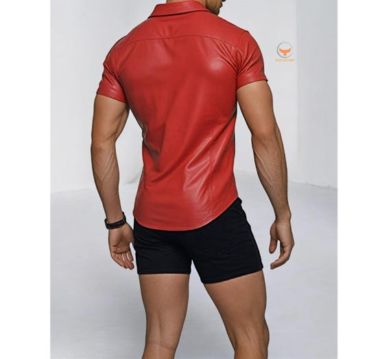 Handmade Men's Red Leather Shirt Slim Fit Real Leather Button-up