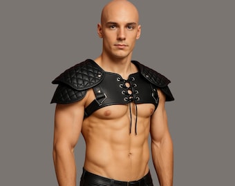 Warrior Leather Pauldron Harness for Men | Medieval Shoulder Armor Top | Steampunk Festival Cosplay Outfit | Gothic Fantasy Costume
