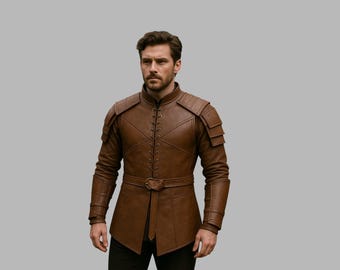 Medieval Leather Armor Jacket | Renaissance Festival Costume  Brown Warrior Gambeson | Fantasy LARP Cosplay Outfit Men&#39;s Leather Armor Tunic
