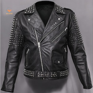 Men’s Black Studded Handmade Leather Biker Jacket Spiked Moto Punk Rock Coat for Gothic, Metal, Stage wear & Street Style