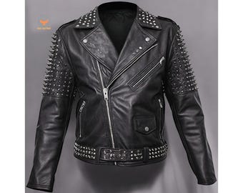 Svart handgjord läderbikerjacka med nitar, herrmodell, moto-punkrockkappa för gotisk stil, metal, scenkläder och streetstyle