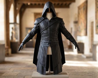 男性用ブラックフード付きレザーマント | 中世戦士コスチューム
