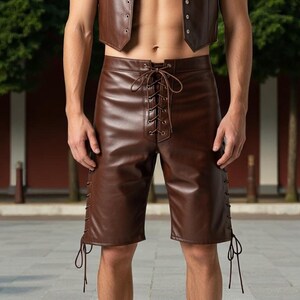 Gothic Festival Rave Summer Wear | Men’s Brown Leather Lace-Up Shorts – Handmade Street Style Shorts with Side Ties & Front Closure