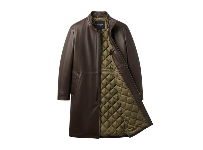 May include: A dark brown leather coat with a stand-up collar and a zip-up front. The coat's interior is a quilted olive green. The coat is open, revealing the interior lining. The coat is a long style.