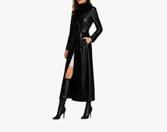 Handmade Black Leather Trench Coat Women’s Long Belted Overcoat Gothic Slim Fit Leather Jacket Winter Festival Steampunk Outerwear