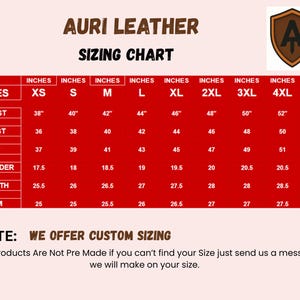 May include: A red and white sizing chart for leather jackets with measurements in inches. The chart includes sizes XS to 5XL and measurements for chest, waist, hip, shoulder, length, and arm.