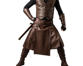 Handmade Brown Leather Warrior Kilt Set | Medieval Viking Costume | Renaissance Cosplay Outfit | Men’s Armor Vest & Belted Skirt