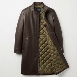 May include: A brown leather coat with a zip-up front and a quilted olive green lining. The coat has a stand-up collar and a tailored fit. The coat is hanging against a white background.