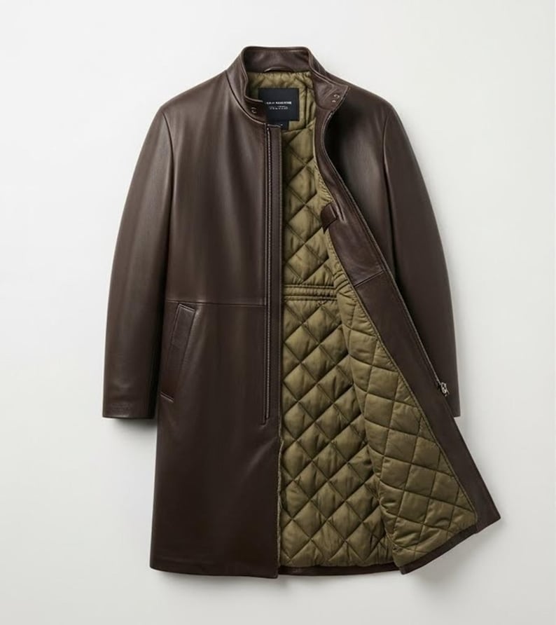May include: A brown leather coat with a zip-up front and a quilted olive green lining. The coat has a stand-up collar and a tailored fit. The coat is hanging against a white background.