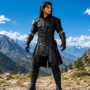 May include: A person in a black leather hooded outfit, featuring shoulder armour, gauntlets, and a skirt-like lower garment. The person stands on a rocky terrain with mountains and a blue sky in the background.