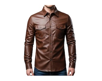 Men’s Brown Leather Shirt Jacket Genuine Leather Button Front Casual Slim Fit Style