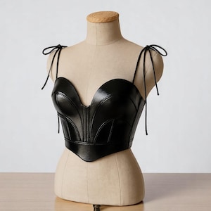 Real Leather Corset Crop Top – Bustier Top with Shoulder Ties & Back Zipper – Gothic Y2K Festival Top, LARP Cosplay Leatherwear