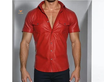 Handmade Men’s Red Leather Shirt Slim Fit Real Leather Button-Up Top for Club wear, Pride, Party & Bold Summer Fashion