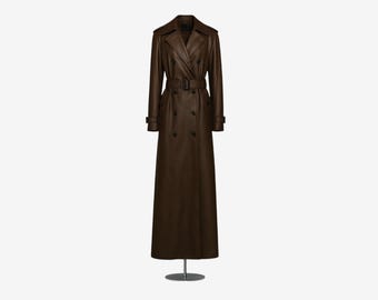 Handmade Dark Brown Full-Length Leather Trench Coat For Women Double Breasted Belted Long Jacket Vintage Style Overcoat for Women