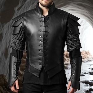 Black Leather Knight Armor Set – Handmade Gothic Chestplate Vest with Bracers | Dark Fantasy LARP & Cosplay Costume