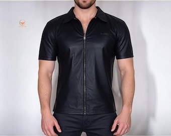 Handmade Men’s Black Leather Zip-Up Shirt Slim Fit Short Sleeve Real Leather Top for Club wear, Street Style & Bold Edgy Fashion