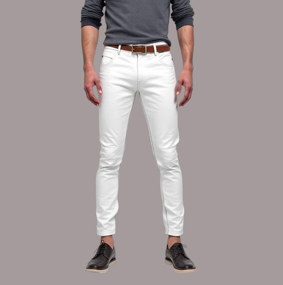 Calças skinny de couro branco masculinas Calças justas para
