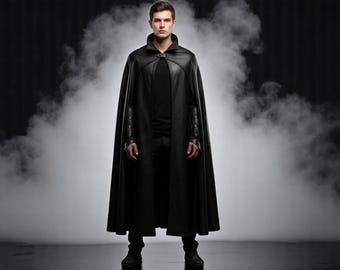 Premium Leather Vampire Cloak cape with High Collar | Gothic Cosplay Cape for Men | Long Hoodless Fantasy Cloak Custom Handmade LARP Outfit